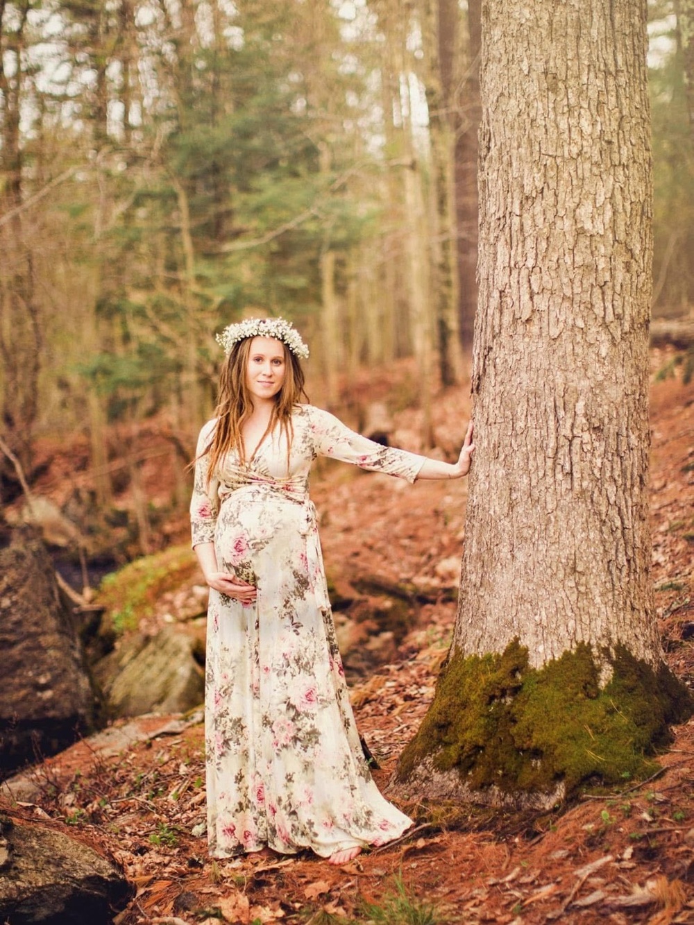 Pink Blush Floral Cream Maternity Maxi dress